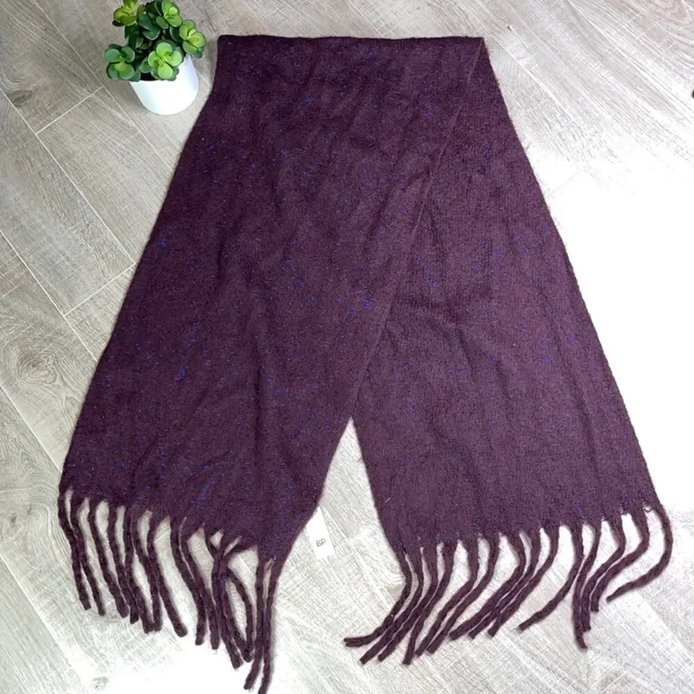 NWT NORDSTROM BP Burgundy Stem Blue Speckle Fringe Trim Cozy Scarf